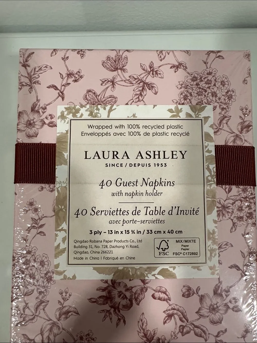 LAURA ASHLEY pink burgundy toile floral 40 x 2 Square & Guest Napkins in a Box